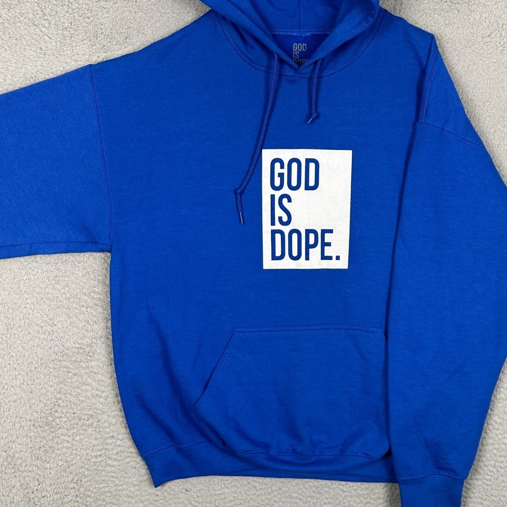 God Is Dope Hoodie Mens Large Royal Blue Graphic Pullover Sweatshirt Drawstring